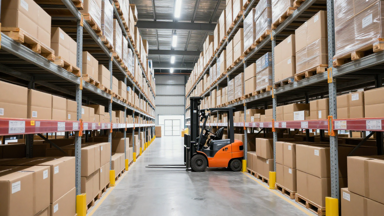 Modern logistics warehouse with organized shelving