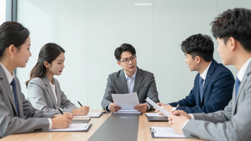 International business consultation with corporate documents on desk